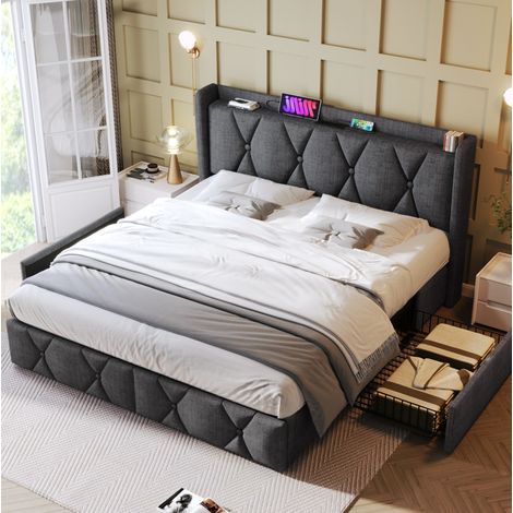 Letto matrimoniale imbottito moderno in lino grigio 160x200 cm con testiera trapuntata, USB/prese, 4 cassetti e rete a doghe