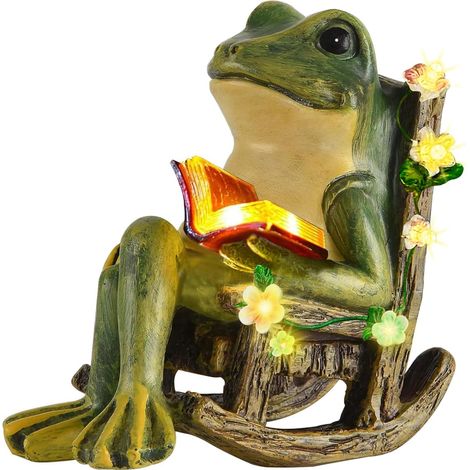 Statue solaire de jardin JeiibrZui - Grenouille lisant kawaii avec succulente - 10 x 7 x 10,5 cm - 7 LED extérieures - Lumière jaune chaude pour terrasse et balcon (1/5)