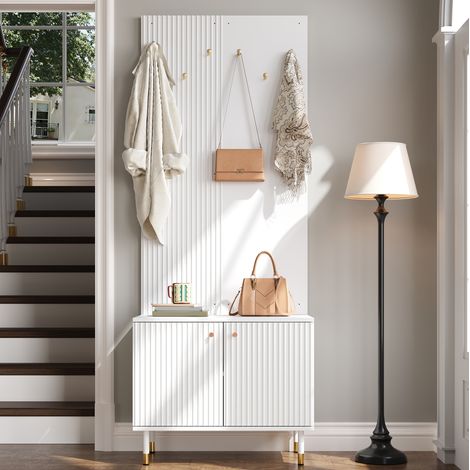 Mueble zapatero de entrada con ganchos y estante superior, 70 x 35 x 180 cm, blanco DESVIAE (1/5)