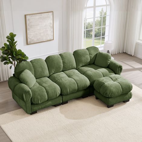 Sofá de 3 plazas en L (260x149x90 cm), con otomana móvil, cojines acolchados, chenilla verde (1/5)