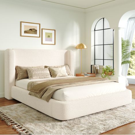 Lit double tapissé 180 x 200 cm avec sommier à lattes et tête de lit bouclée beige OKWISH (1/5)