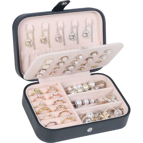 Reise-Schmuckkästchen, kleine Aufbewahrungsbox aus PU-Leder für Damen und Mädchen, Mini-Reisebox zur Aufbewahrung von Ohrringen, Ringen, Halsketten und Armbändern. (Schwarz und Weiß)