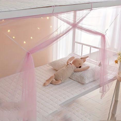 Moustiquaire et baldaquin pour lit simple de dortoir étudiant, anti-poussière à maille dense, lit superposé, Composition : 90 × 195 × 140 cm, Couleur : rose (1/5)