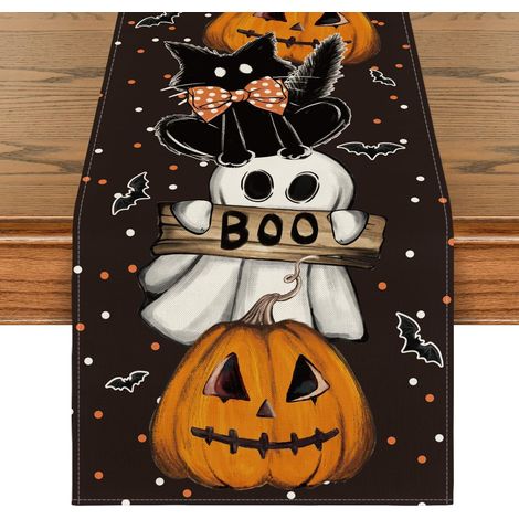 Nappe d'Halloween - 33 x 228 cm, à pois fantômes, motifs citrouille et chat, accents chauve-souris, décoration automnale pour la cuisine et la salle à manger (1/4)