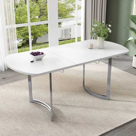 Table extensible 140/180x80x75,5 cm moderne, piètement métal argenté, plateau haute résistance, convient 4-6 personnes - Blanc (1/5)