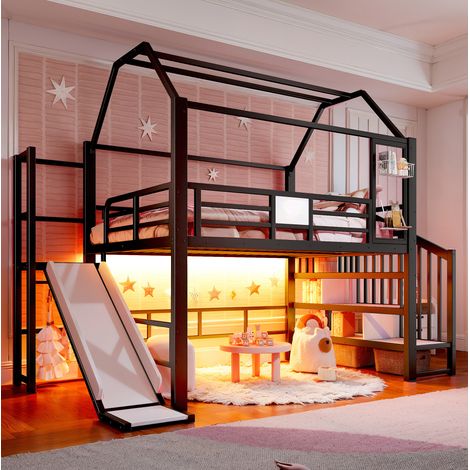 Kinderhochbett 140x200 cm schwarz aus MDF und Metall mit Rutsche, Treppe, Stauraum und LED-Beleuchtung (1/5)