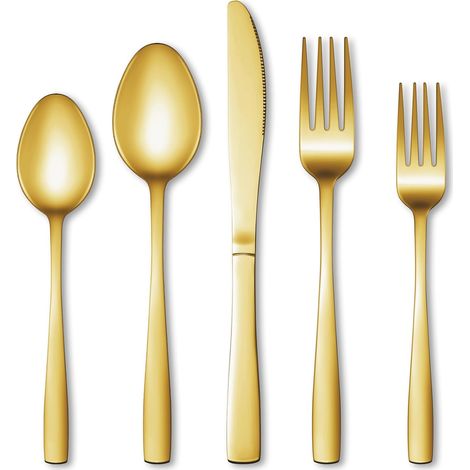 Ensemble de couverts 5 pièces en acier inoxydable doré et argenté, couteau, fourchette et cuillère de qualité alimentaire pour 1 personne (1/4)