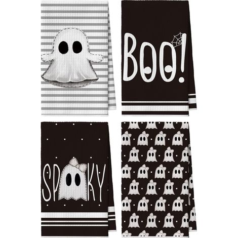 Lot de 2 Torchons de Cuisine Halloween Rayures Fantôme 42x65cm (1/5)