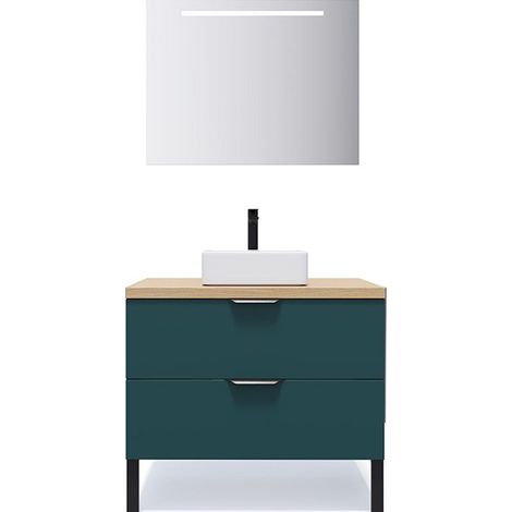 Meuble de salle de bain suspendu vasque à poser 90cm 2 tiroirs Bleu + miroir - Soho (1/5)
