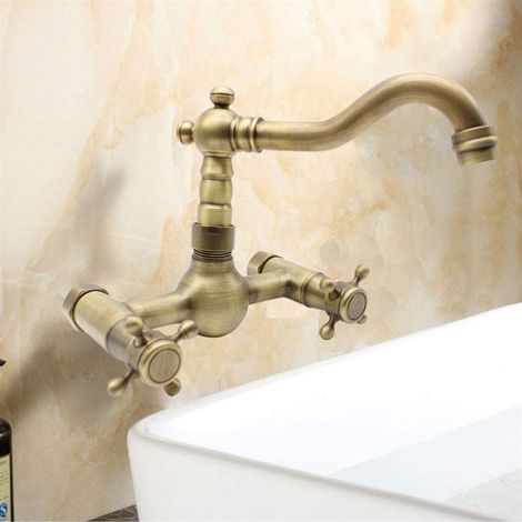 Crediri Wandmontage Dusche Waschbecken Wasserhahn Badezimmer Retro Antik Messing Landhaus Elegantes Flair Waschtischarmatur Mischbatterie Landhausstil Zweigriffmischbatterie Waschtisch Badezimmer Wasc