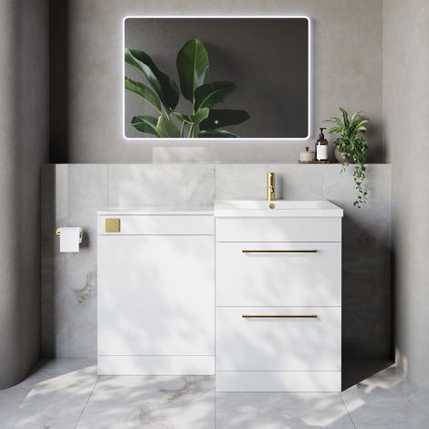 Napoli 460 Cento Gloss White 1200mm 2 Drawer Vanity Unit Toilet Suite with Glide Basin - 1200mm - Brushed Brass 320mm HandleWithout Kingston Toilet Pan