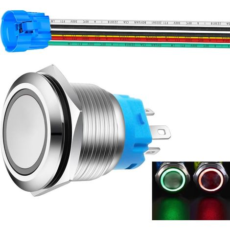 Bouton poussoir momentané de 22mm avec prise de fil 3A/110V-230VAC 1NO 1NC SPDT On Off Métal Etanche IP65 Auto-Réinitialisation (LED rouge et verte) (1/5)