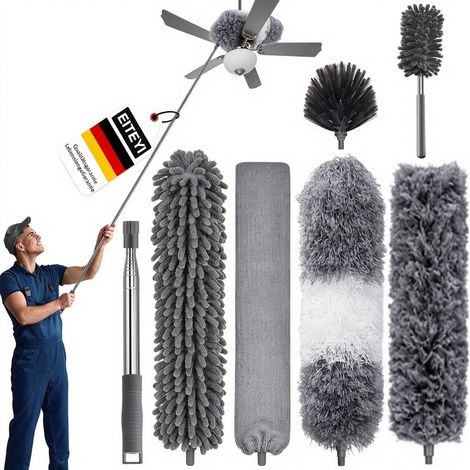 Plumeau poussière télescopique 254 cm – 5 têtes interchangeables – Acier inoxydable – Nettoyage plafond, rideaux, toiles d'araignée(version extra épaisse)