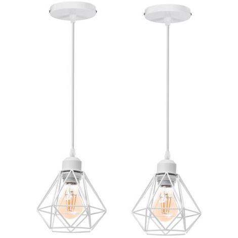 royaluxe- 2PCS Plafonnier Rétro Blanc Suspension Luminaire Vintage D'Intérieur Suspension Lustre E27 Cage En Métal