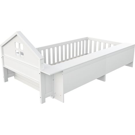 Lit enfant 90 x 200 cm, avec toit et fenêtre, compartiment de rangement, barrière de sécurité et porte, protection de sécurité tout autour, lit en bois massif avec sommier à lattes, lit simple, blanc (1/5)