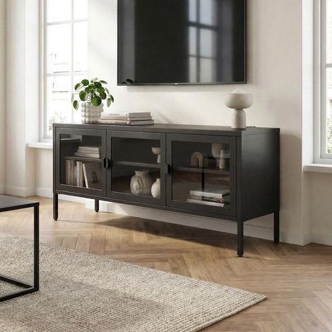 Industrielles TV-Möbel Aus Metall 130cm Mit 3 Türen In Schwarz Und Gehärtetem Glas Ezra