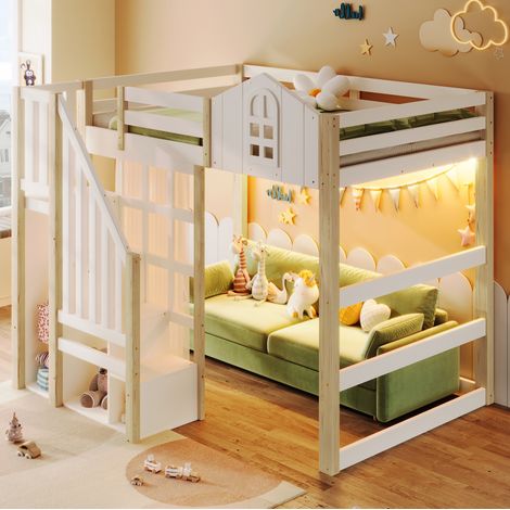 Hochbett 140x200 cm aus Kiefer und MDF in Weiß/Natur mit LED, Ablagertreppe und Gardine (1/5)
