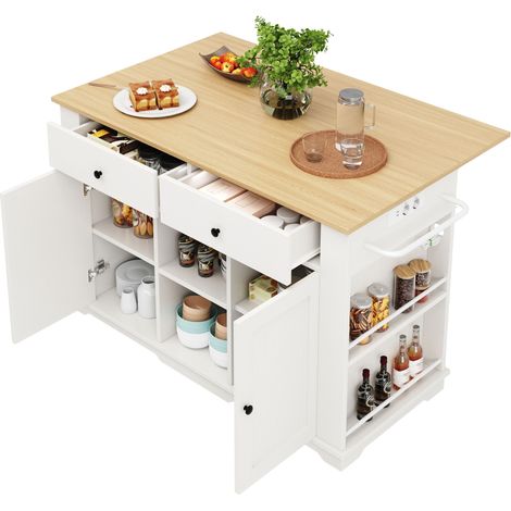 Îlot de cuisine mobile avec prises électriques, desserte avec plan de travail rabattable et rangement, blanc et aspect bois (1/5)