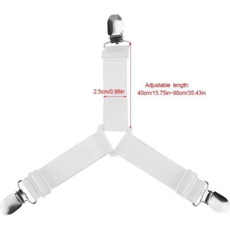 Attaches Réglables Pour Drap De Lit - Sangles Élastiques Y - 40 cm à 90 cm - 4 Pièces - Blanc (1/4)