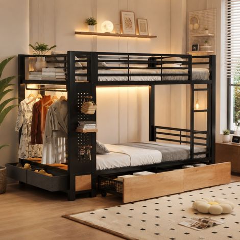 Etagenbett 90x200 cm schwarz aus Metall und MDF mit LED-Lichtleiste, Stauraum und EN747 (1/5)