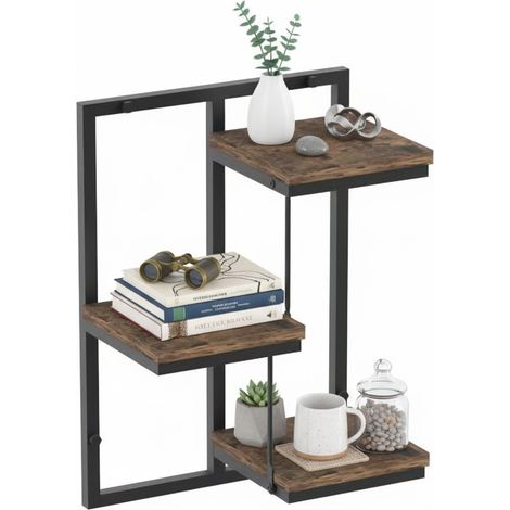 Relaxdays Wandregal, Industrial, Metall & Holzoptik, HxBxT: 45 x 32,5 x 19 cm, Schweberegal mit 3 Ebenen, schwarz/braun