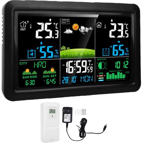 Station météo sans fil avec écran couleur 7,5 pouces, thermomètre multifonction pour intérieur et extérieur, horloge atomique, prise UE 220 V (1/5)