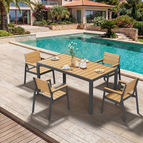 HDPS Salon de Jardin Exterieur 5 Pièces, Résistance aux Intempéries Ensemble 150 cm Table et 4 Chaise de Jardin Exterieur Aluminium, Finition Grain de Bois et Facile d'entretien, Couleur Teck