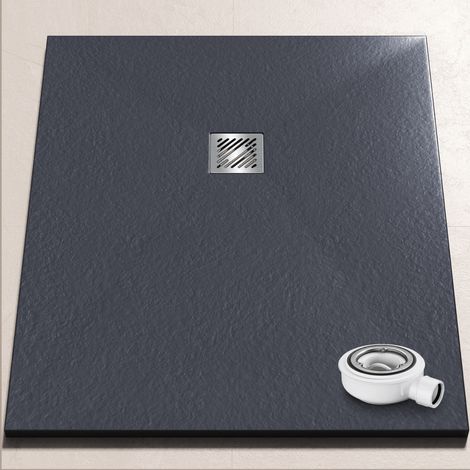doporro Duschwanne Duschtasse 80x100x3cm aus Mineralguss in Anthrazit Rechteckig DIN-Anschlüsse für bodenebene Montage geeignet inkl. Ablaufgarnitur AL006 Geoma 09