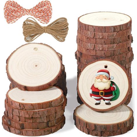 60 Pièces Rondes de Bois Naturel, 6CM - 7CM Bûches Pré-Percées Brutes Cercles Rustiques en Bois avec Ficelle de Jute et Fil de Coton - pour Bricolage Art Créatifs Mariage Noël Décorations