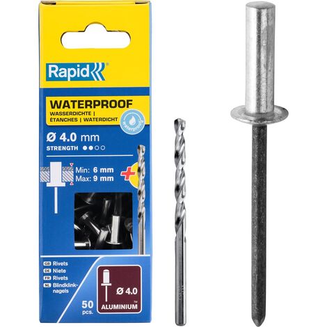 RAPID - Rivets étanches - Ø4,0 x 12mm Aluminium - Boîte 50, fixation solide entre les matériaux, lien durable, Inclu 1 Forêt de perçage - (5000400)
