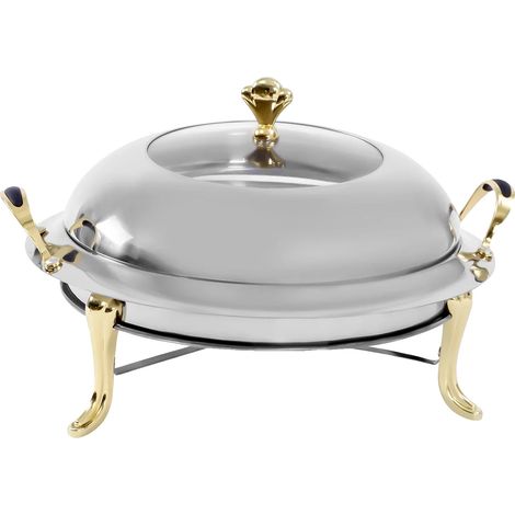 Fuente calentadora, capacidad de 3 litros, construcción de acero inoxidable, diámetro total 38 cm, altura 23 cm, diámetro interior 28 cm. (1/5)