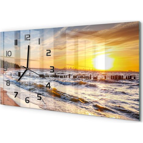 Horloge Murale Design Original 60x30 cm Verre Trempé Silencieuse Salon Coucher du soleil sur la plage (1/5)