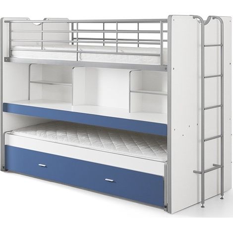 Lit combiné & superposé BONNY 90x200 – 3 couchages + bureau coulissant-Bleu (1/3)