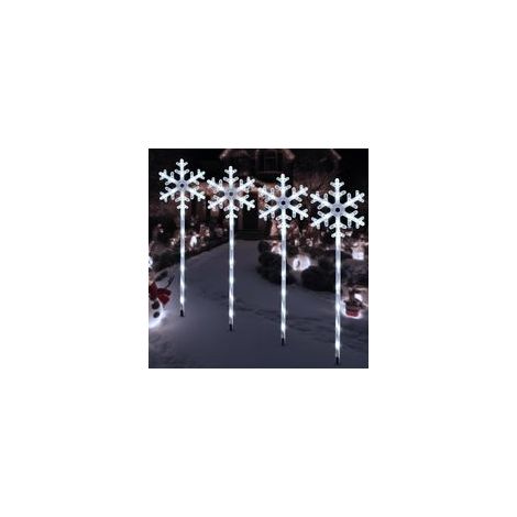 Guirlandes lumineuses solaires de Noël pour allées, décorations d'extérieur en forme de flocon de neige, lampes de jardin étanches XMS sur piquet pour terrasse, cour, porche, pelouse, lot de 4 (blanc)