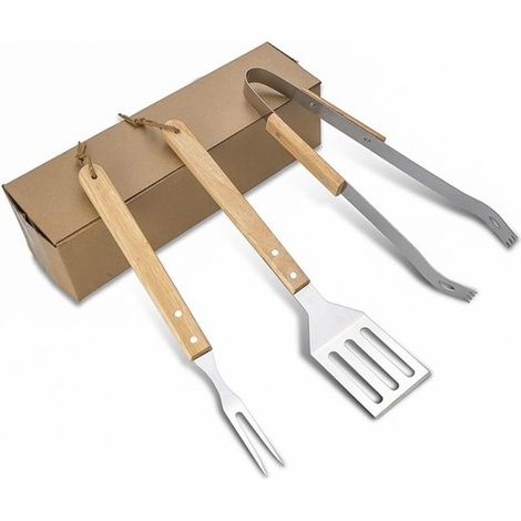 Juego de utensilios para barbacoa - Accesorios para barbacoa de 3 piezas con mango de madera: pala, pinzas para barbacoa y tenedor. (1/2)