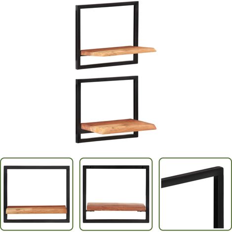 Bois d'acacia - Étagères murales 2 pcs 40x24x35 cm Bois d'acacia et acier (1/5)