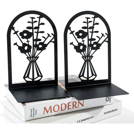 1 paire - Serre-livres en forme de vase - Support de livre - Serre-livres - Conception antidérapante - Métal - Noir intense (1/5)