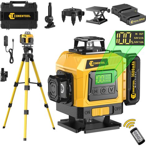CONENTOOL – Niveau Laser Rotatif autonivelant Vert – Balayage 4x360° – Étanchéité IP54 – Avec deux batteries et trépied de 1 mètre – Pour chantiers intérieur et extérieur (1/5)