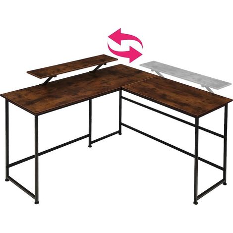 Bureau d'angle + tablette style industriel et loft en bois foncé 140x130x76,5cm (1/5)
