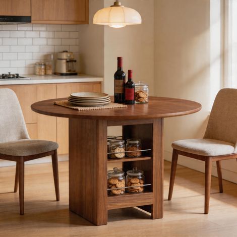 Table à manger ronde 100x76 cm, 4-6, niches ouvertes, plateau épais 2 cm, rangement cuisine salle à manger moderne, noyer (1/5)