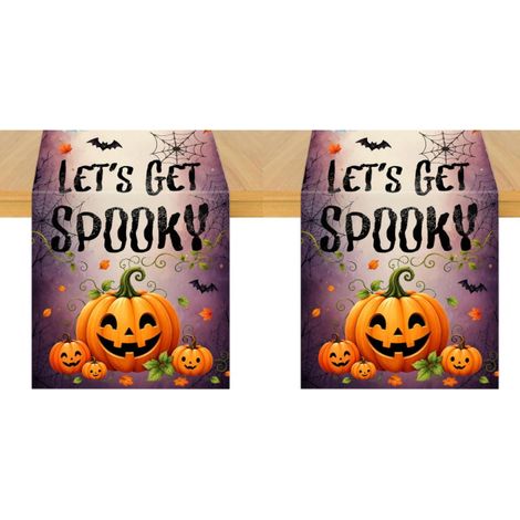 Camino de mesa morado de Halloween, camino de mesa de tela con calabazas y fantasmas: decoración para una fiesta de Halloween (2 piezas) (1/5)