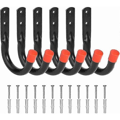 Crochets de rangement robustes pour garage, lot de 6, système de fixation murale en U, support multi-outils pour vélo, chaise, échelle, tuyau d'arrosage, outils (1/4)