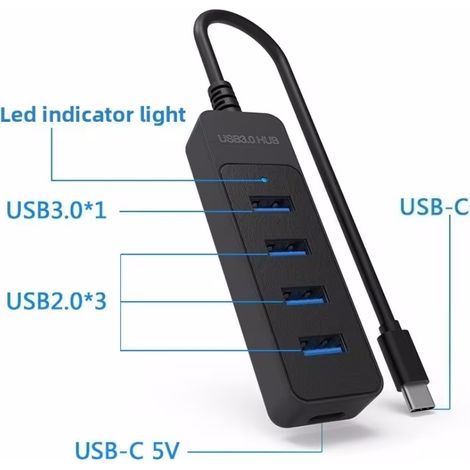 4-Port USB 3.0 Hub-Erweiterungsstation Ultraschnelle Verbindung, Hub für Laptop, MacBook, Surface, Hochglanzdesign (1/4)