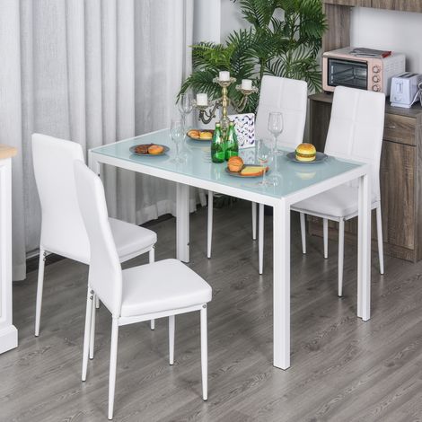 Ensemble de cuisine ou de salle à manger 5 pièces (table et 4 chaises) en similicuir. Métal et verre trempé. Blanc.