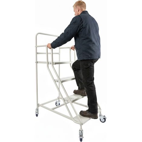 Escalier industriel à 4 marches avec roulettes pour supermarchés, bibliothèques et entrepôts, capacité de charge de 880 lb, blanc (1/5)