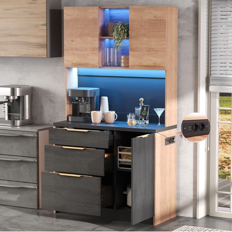 Hoher Küchenschrank 100 x 40 x 180 cm MDF Betonoptik mit LED und EU-Steckdose (1/5)