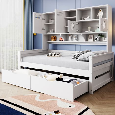 Letto bambini 90x200 cm con vani portaoggetti, 2 cassetti e rete a doghe, senza materasso, bianco (1/5)
