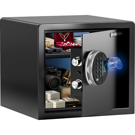 Coffre-fort maison 22L avec serrure biométrique, 9,1 kg Empreinte digitale, mode silencieux, clavier rétroéclairé, LED, porte 42 mm, étagère amovible, coffre-fort robuste