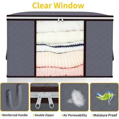 Sacs de rangement de 90 L, lot de 6 grandes boîtes de rangement pour vêtements avec couvercles et fermetures éclair, boîtes de rangement pliables avec poignée renforcée