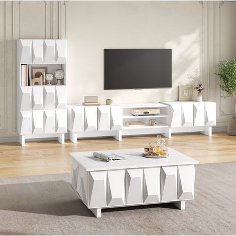 Ensemble de meubles de salon 3 pièces avec meuble TV, vitrine et table basse, blanc HAVRYA (1/5)